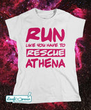 T-shirt donna – Run like you have to rescue Athena (bianco, stampa fucsia)