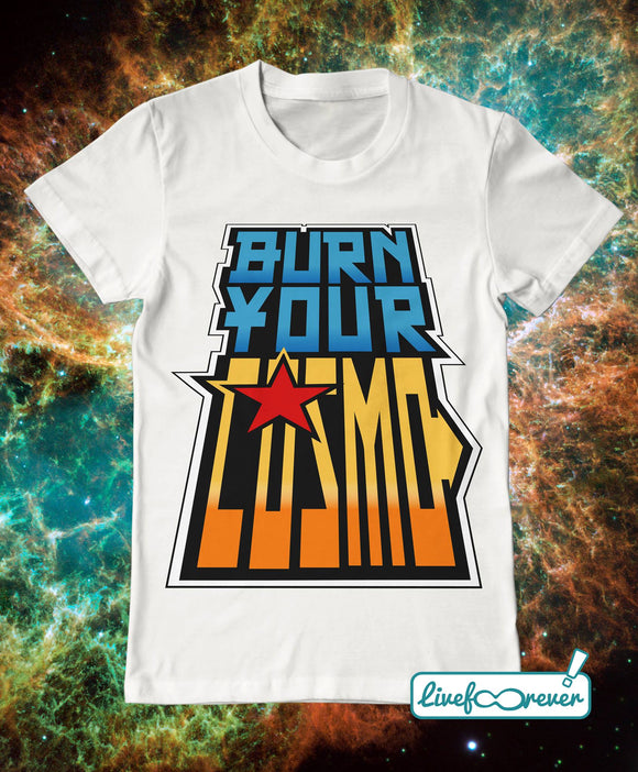 T-shirt uomo – Burn your cosmo (bianco)