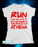 T-shirt donna – Run like you have to rescue Athena (bianco, stampa rossa)